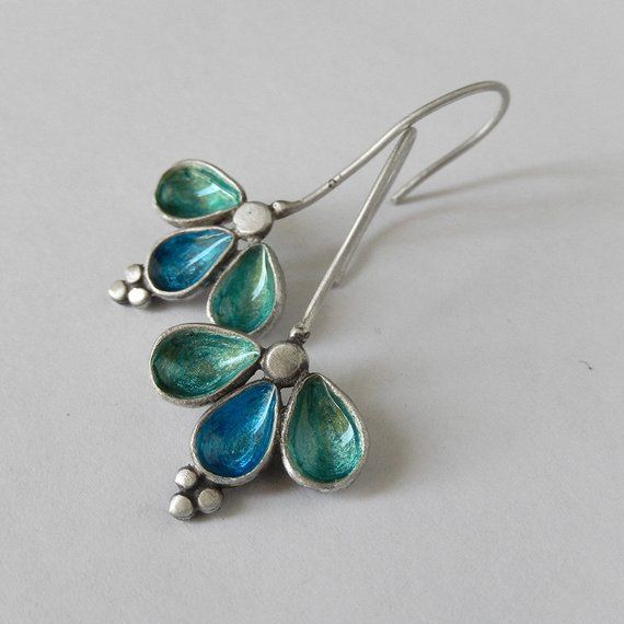 Triple Earrings in 925 Silver Leaves and Hand-Painted Enamel