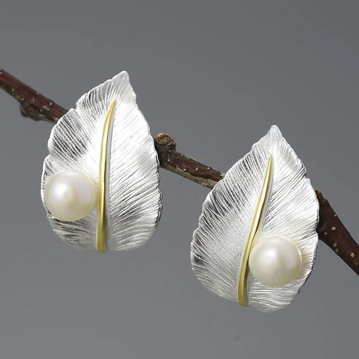 Leaf Earrings with Natural Pearls Inspired by Nature 925 Silver