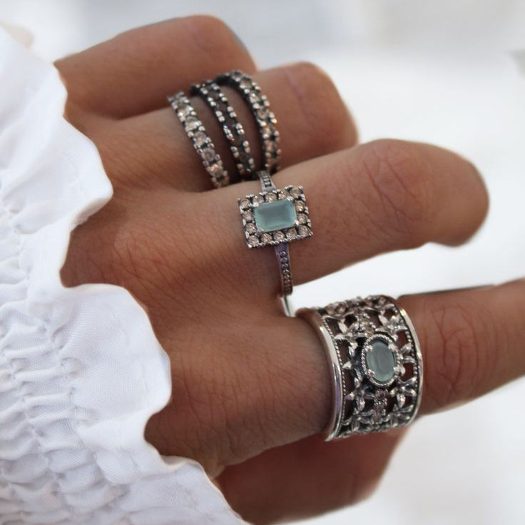Pack of 3 Vintage Rings in 925 Silver with Blue Zirconia