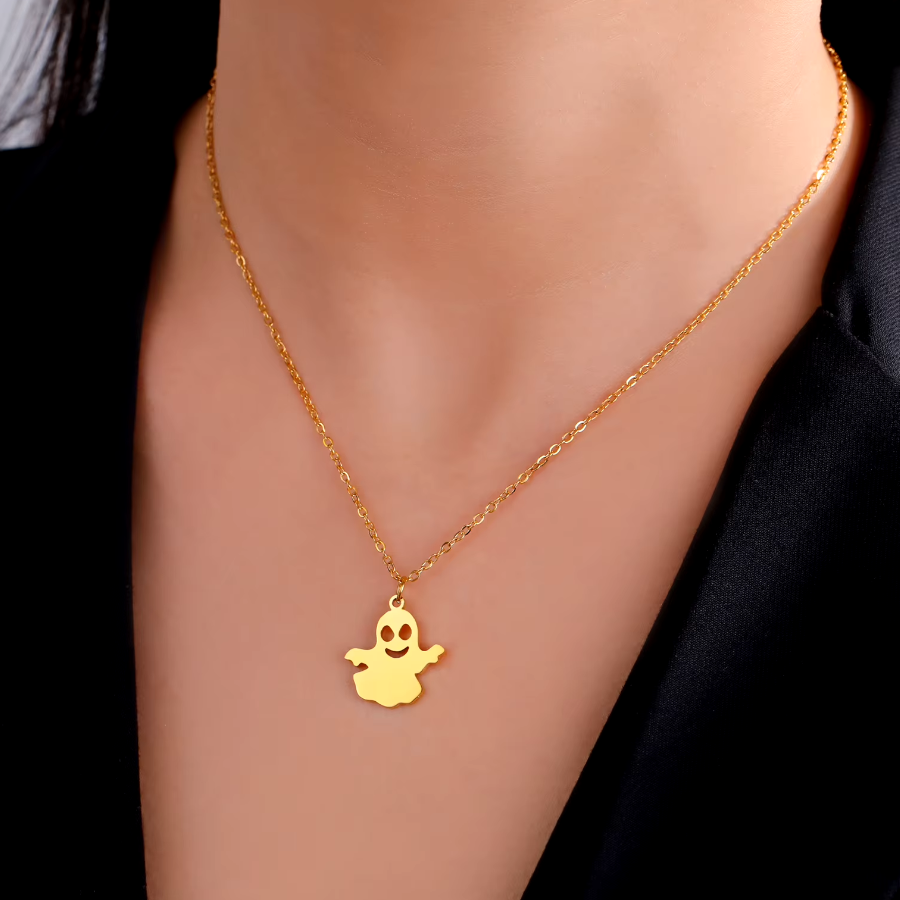 Hypoallergenic steel cute ghost pendant for halloween with 18K gold plating