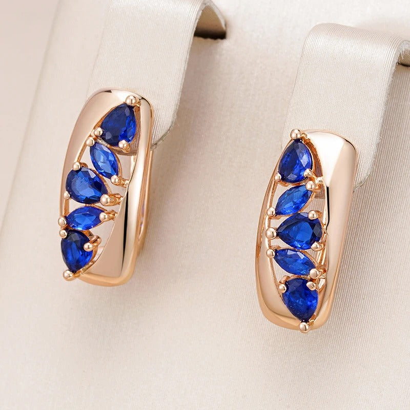 18K Rose gold plated long earrings with saphire tear crystalls inlaid - ZAR