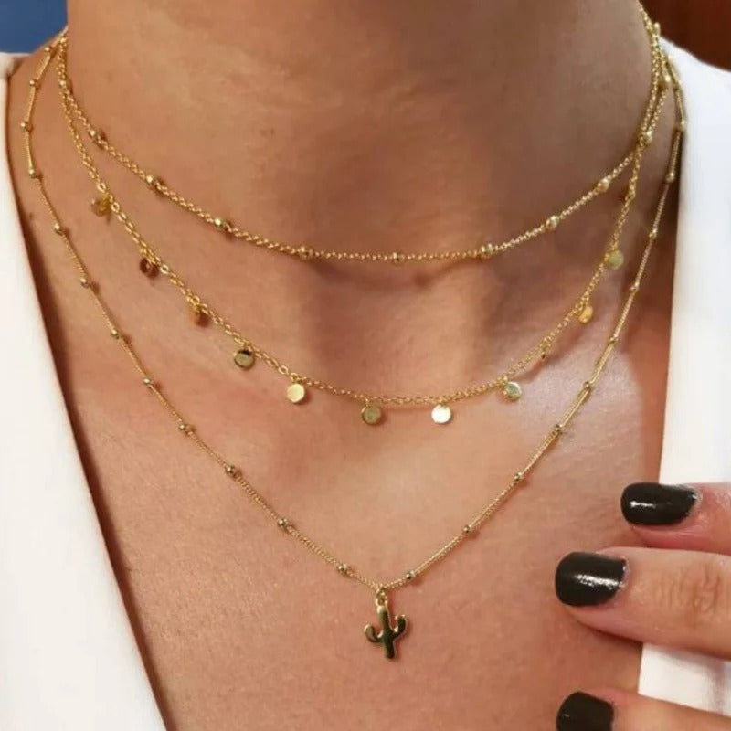 18K Gold Triple Necklace with small cactus pendant