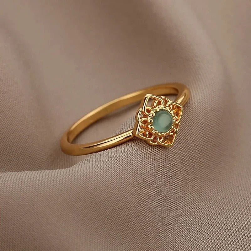 18K Gold Plated Ring with Gothic design and Gemstone Inlay