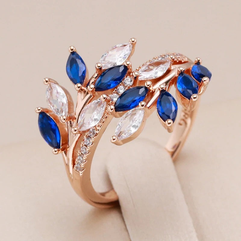 18K rose gold plated adjustable ring with sapphire and white zirconite petals - ZAR