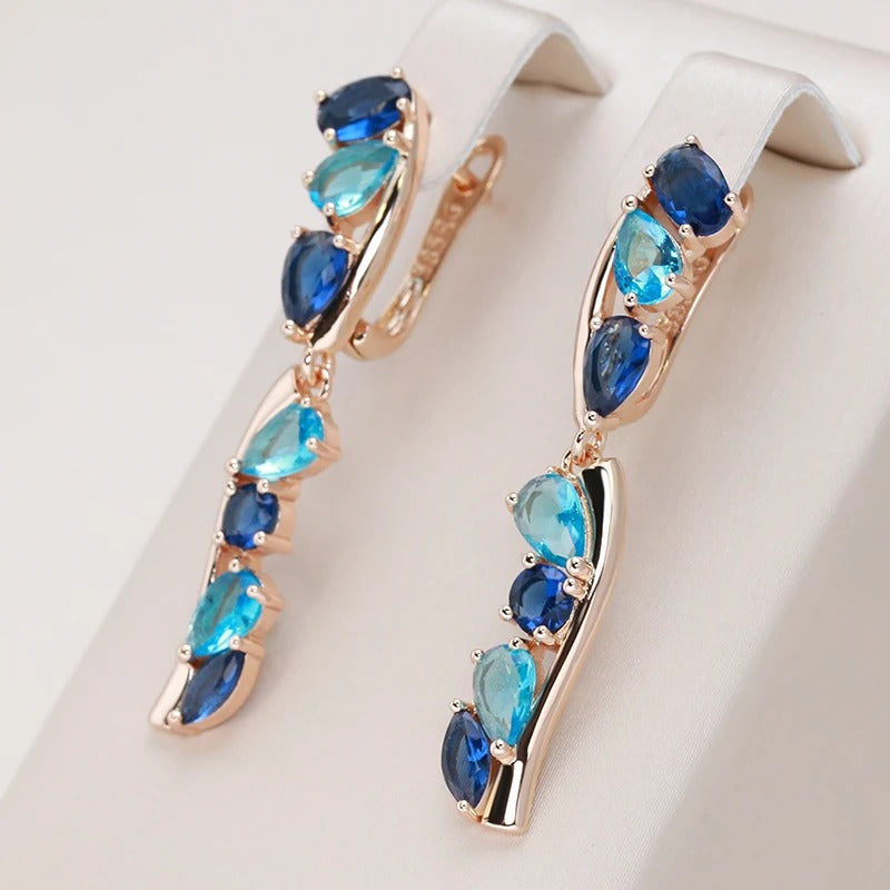 18K Rose gold plated dangling earrings full of saphire and aquamarine crystals - ZAR