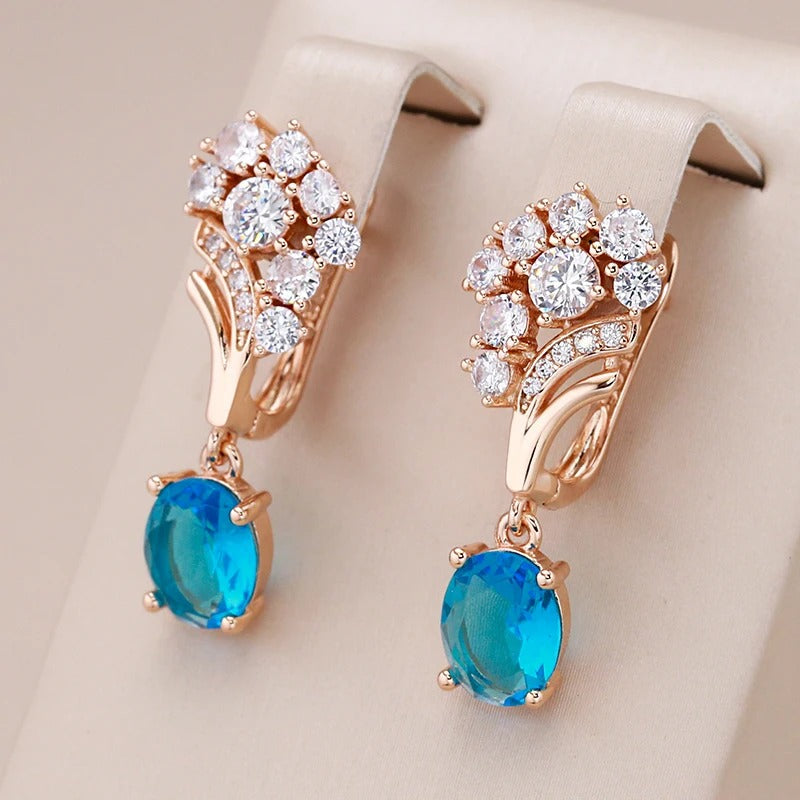 18K rose gold plated aquamarine dangling flower earrings - ZAR