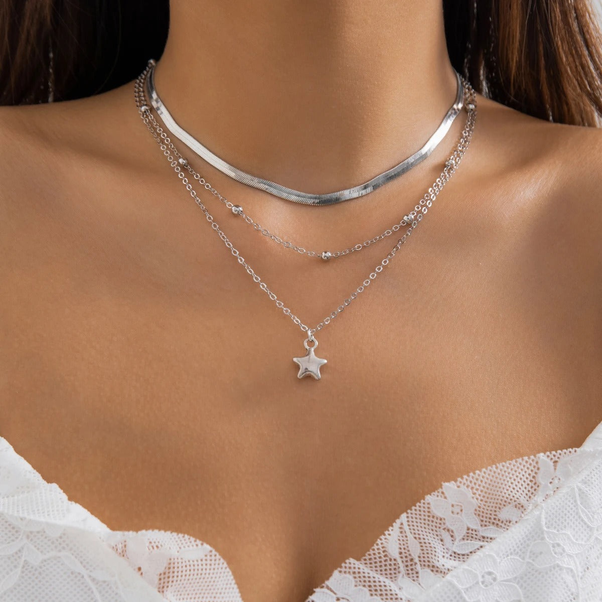 925 Sterling Silver Triple Necklace with Star pendant