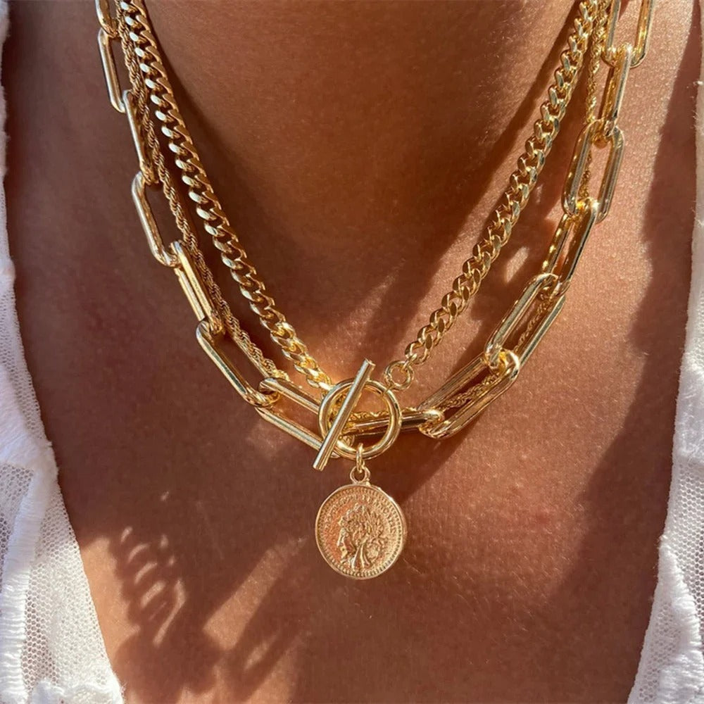 18K Gold Plated Triple Layer Collar with Vintage Coin