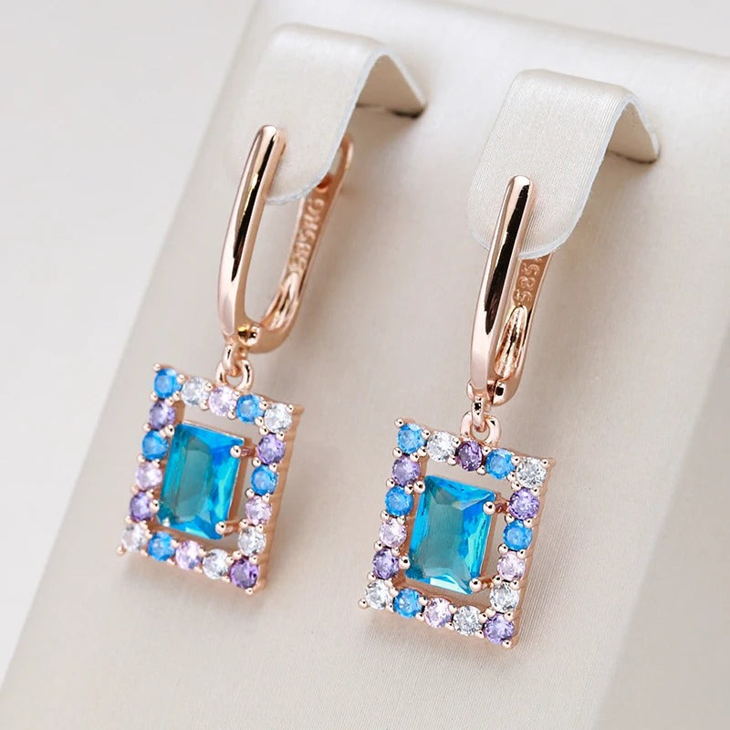 18K rose gold earrings with square aquamarine and amethyst zirconium - ZAR