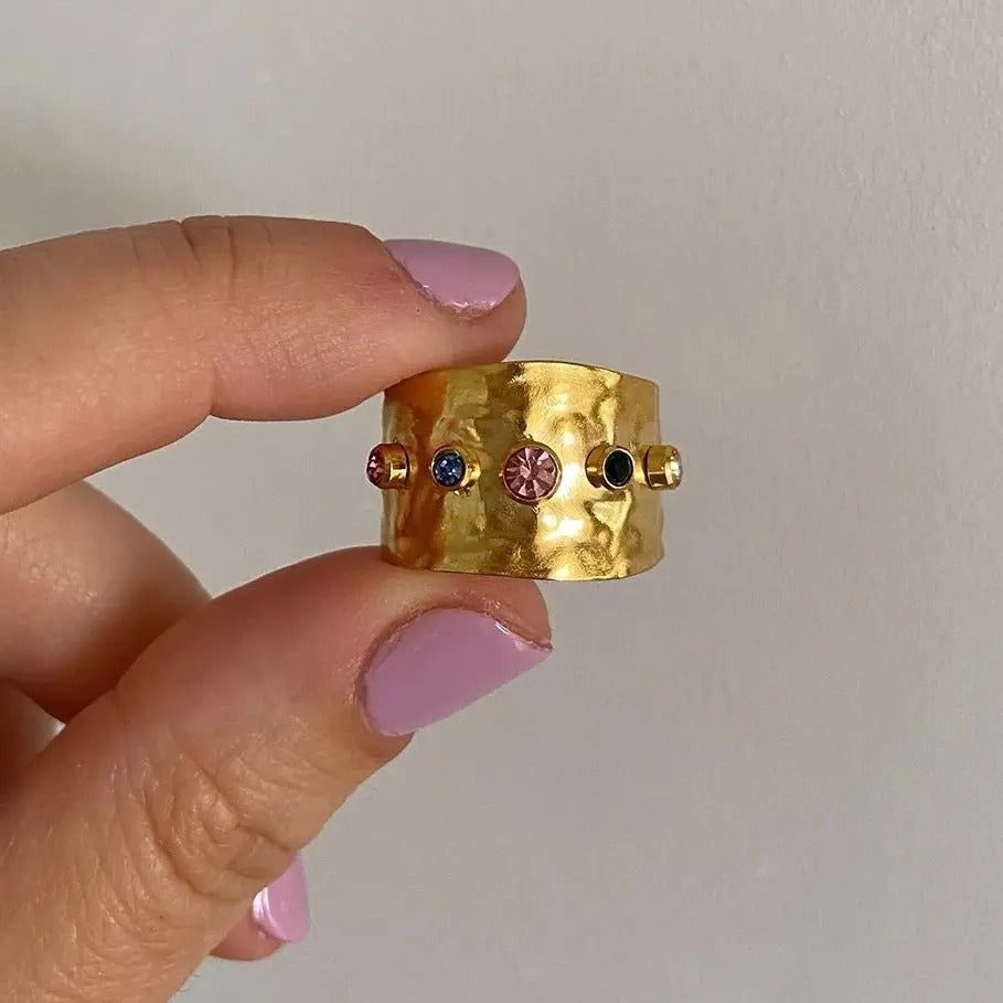 18K Gold Plated Boho Ring with Gemstones Inlay