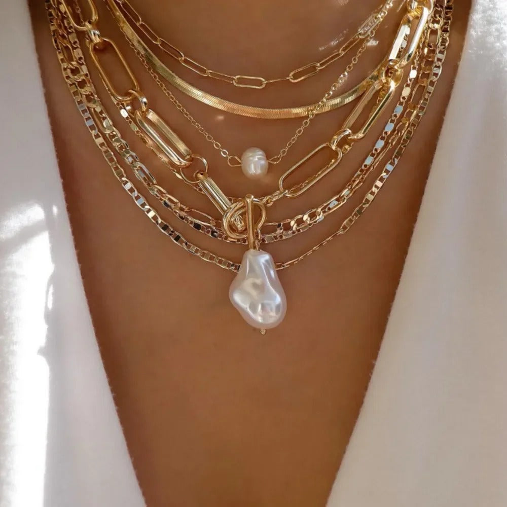 18K Gold plated Layered Necklace with Barroque Pearl Pendant