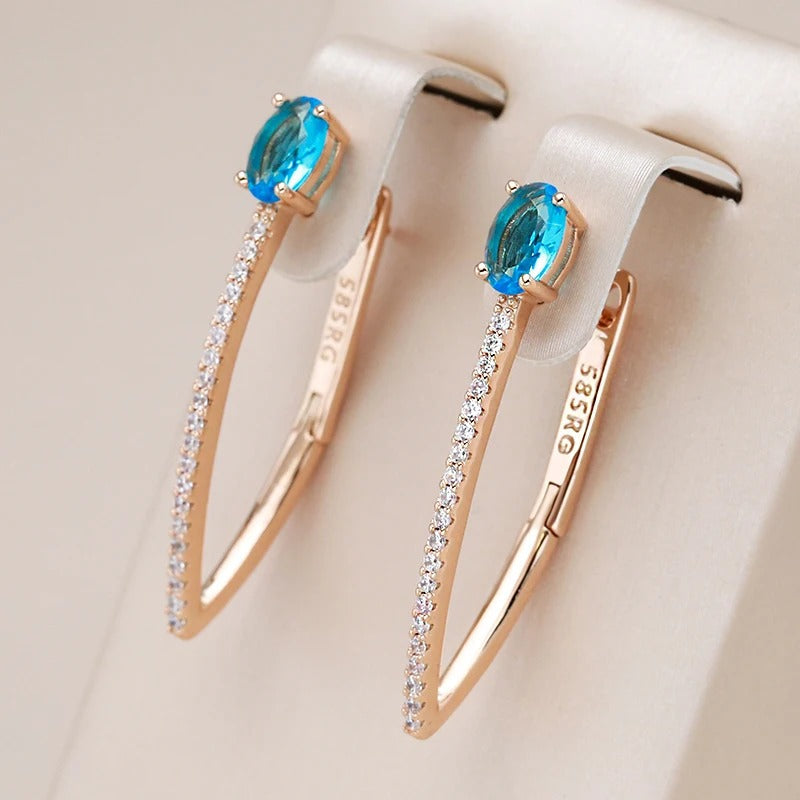 18K rose gold elegant thin earrings with aquamarine crystal - ZAR