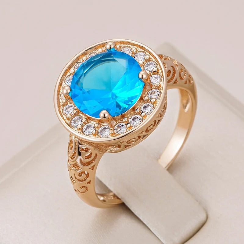 18K Rose Gold engraved ring with aquamarine round stone inlaid and zircons - ZAR