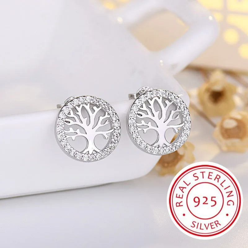 925 Sterling Silver "Tree of Life" Earrings with Zirconia Inlay