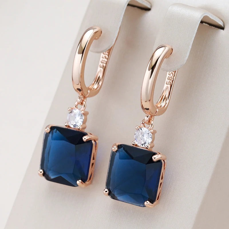 18K rose gold dangling earrings with square sapphire stone and zirconium inlaid - ZAR