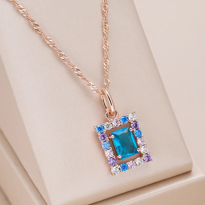 18K rose gold necklace with square aquamarine and amethyst zirconium - ZAR