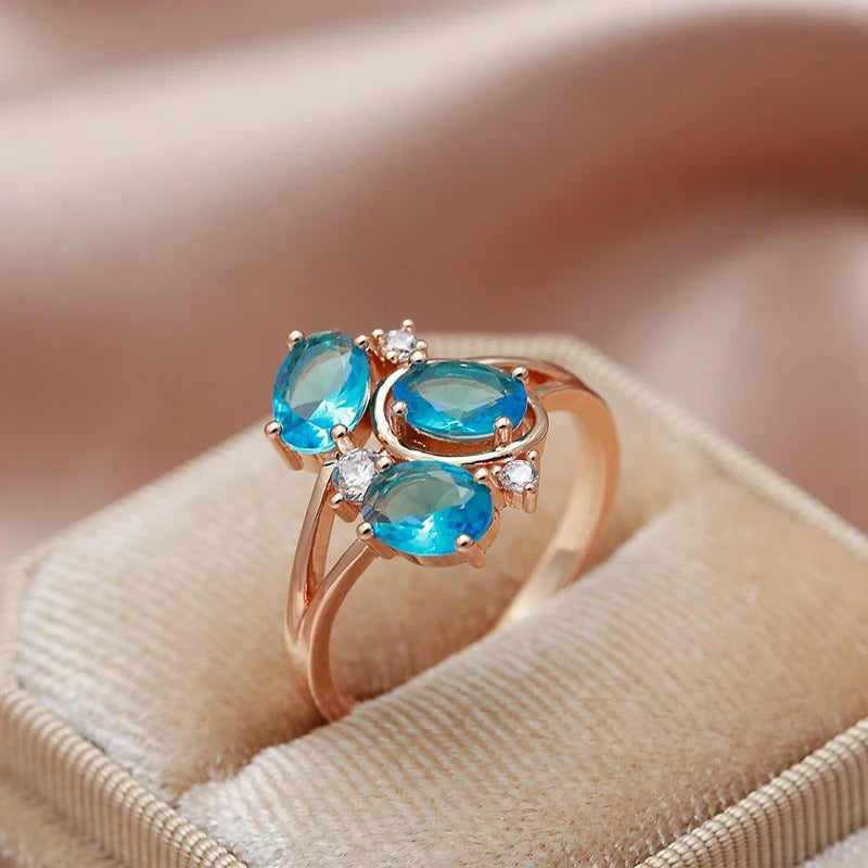 18K Rose Gold plated Ring with three aquamarine crystals - ZAR