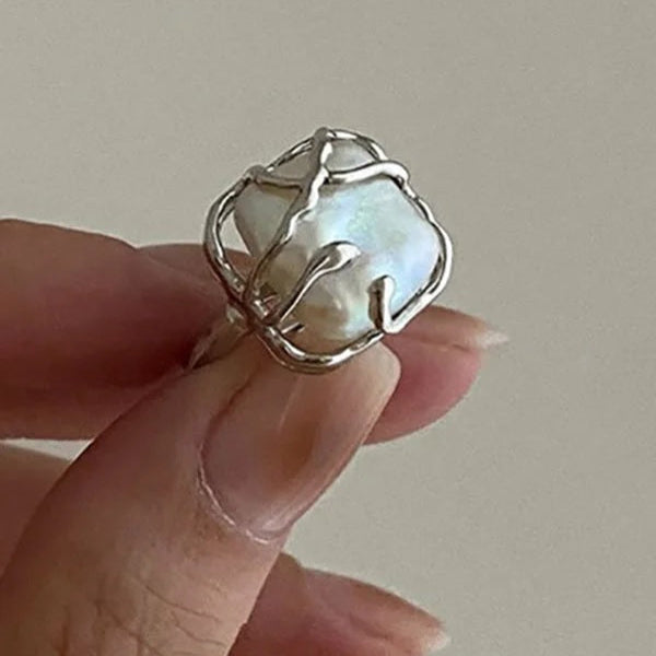 Abstract Ring with Inlaid Pearl and 925 Silver