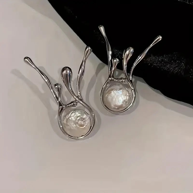 Abstract 925 Silver Earrings with Pearl Pendants