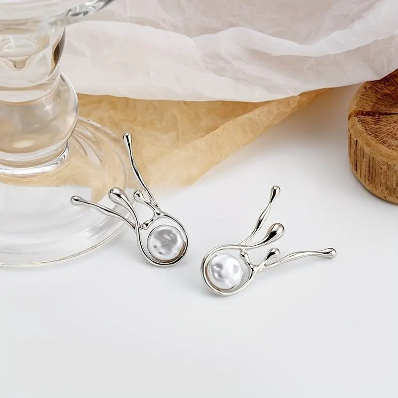 Abstract 925 Silver Earrings with Pearl Pendants