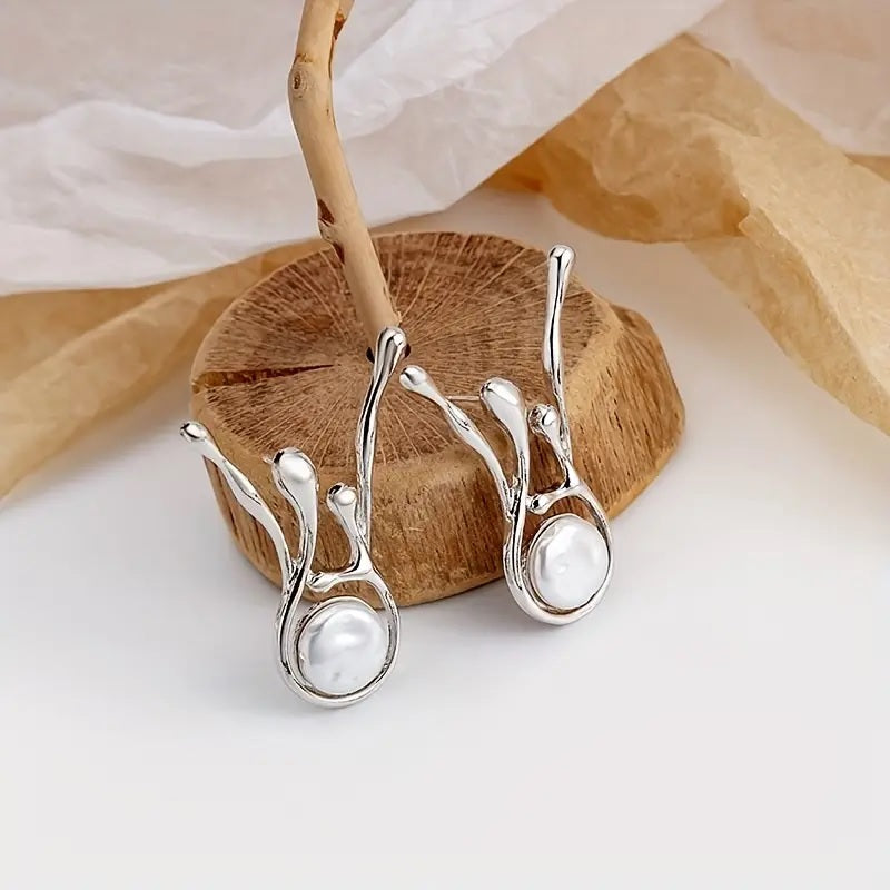 Abstract 925 Silver Earrings with Pearl Pendants