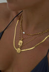 18K Gold Plated Triple Necklace with Freshwater Pearl Inlay and Coin Pendant