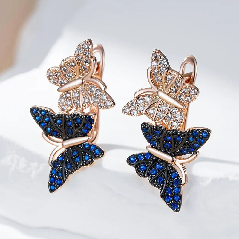 18K Rose Gold Plated Blue Natural Zircon Two Butterfly Drop Earrings - AC - ZAR