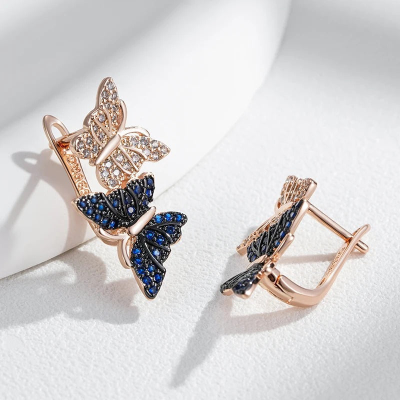 18K Rose Gold Plated Blue Natural Zircon Two Butterfly Drop Earrings - AC - ZAR