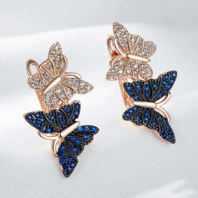 18K Rose Gold Plated Blue Natural Zircon Two Butterfly Drop Earrings - AC - ZAR
